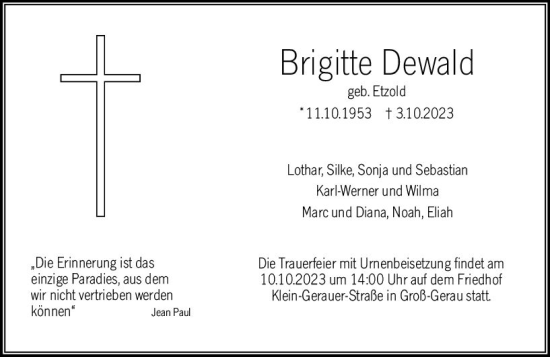 Traueranzeige von Brigitte Dewald von Groß-Gerauer Echo