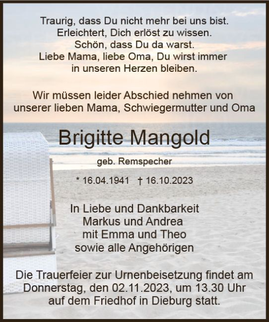 Traueranzeige von Brigitte Mangold von Dieburger Anzeiger/Groß-Zimmerner Lokal-Anzeiger