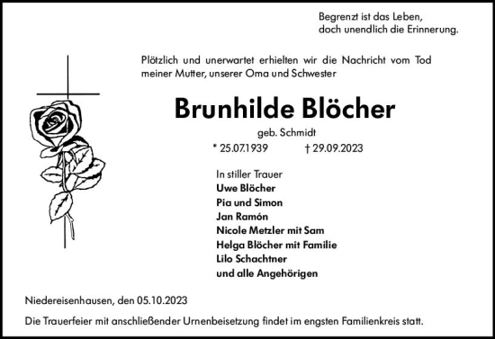 Traueranzeige von Brunhilde Blöcher von Hinterländer Anzeiger