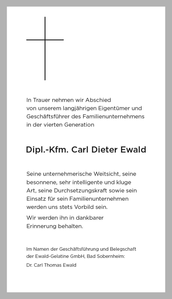 Traueranzeige von Carl Dieter Ewald von Allgemeine Zeitung Bad Kreuznach
