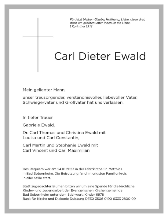 Traueranzeige von Carl Dieter Ewald von Allgemeine Zeitung Bad Kreuznach