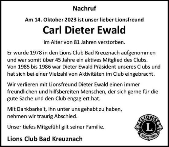 Traueranzeige von Carl Dieter Ewald von Allgemeine Zeitung Bad Kreuznach