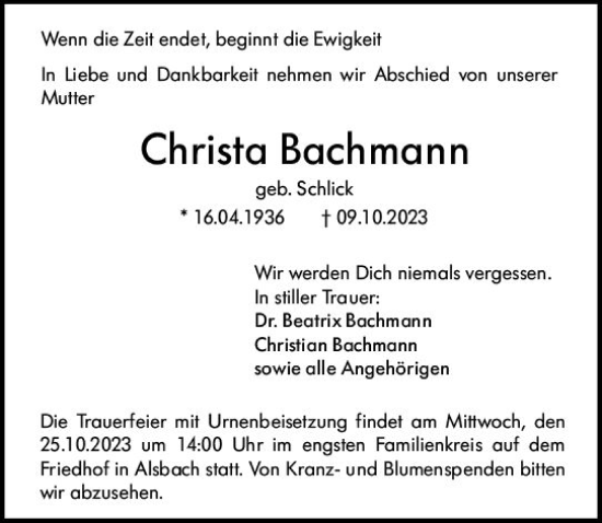 Traueranzeige von Christa Bachmann von Darmstädter Echo