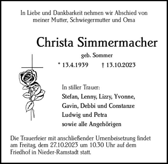 Traueranzeige von Christa Simmermacher von Darmstädter Echo