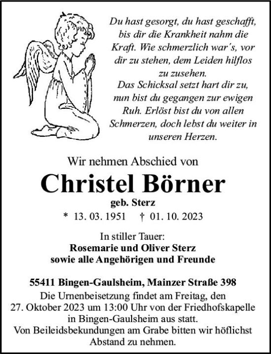 Traueranzeige von Christel Börner von Allgemeine Zeitung Bingen/Ingelheim