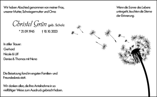 Traueranzeige von Christel Grün von Weilburger Tageblatt