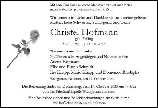 Traueranzeige von Christel Hofmann von Wetzlarer Neue Zeitung