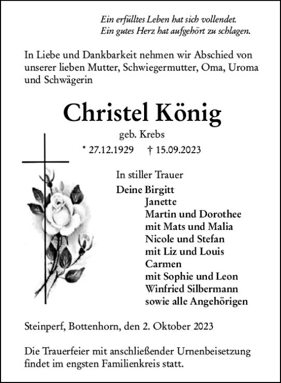 Traueranzeige von Christel König von Hinterländer Anzeiger