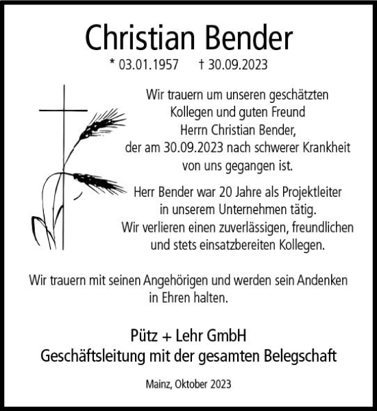 Traueranzeige von Christian Bender von Allgemeine Zeitung Mainz