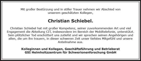 Traueranzeige von Christian Schiebel von Darmstädter Echo