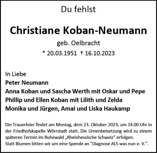 Traueranzeige von Christiane Koban-Neumann von Allgemeine Zeitung Alzey