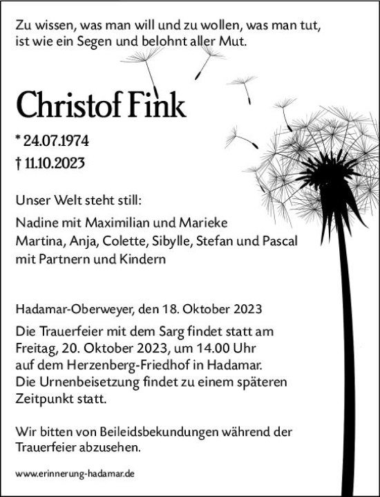 Traueranzeige von Christof Fink von Nassauische Neue Presse