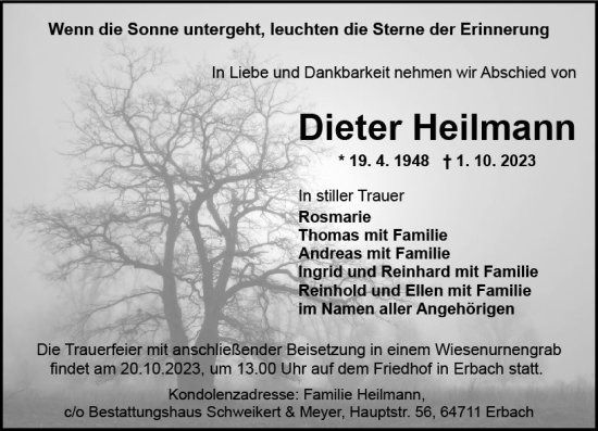 Traueranzeige von Dieter Heilmann von Odenwälder Echo
