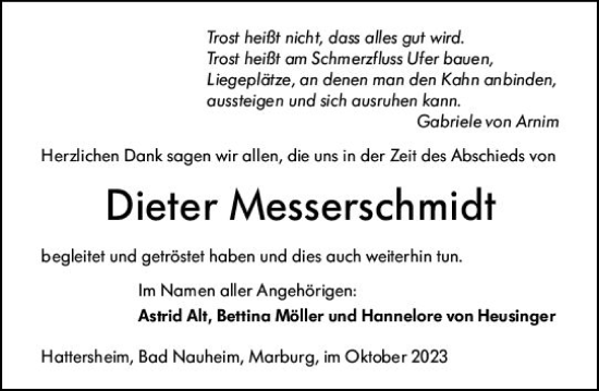 Traueranzeige von Dieter Messerschmidt von Hinterländer Anzeiger