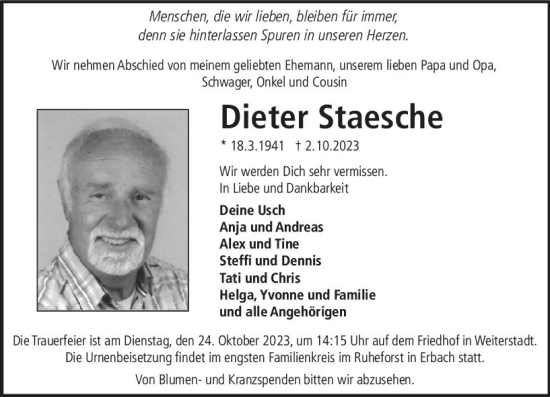 Traueranzeige von Dieter Staesche von Darmstädter Echo