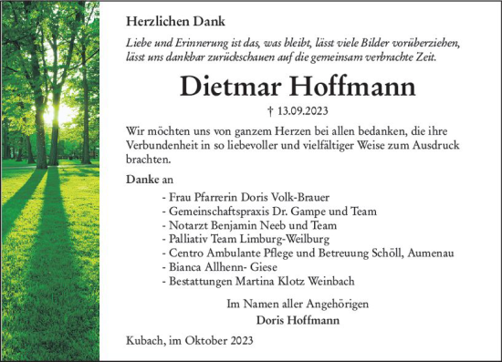 Traueranzeige von Dietmar Hoffmann von Weilburger Tageblatt