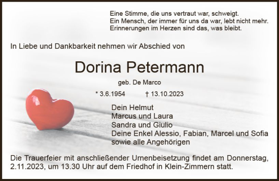 Traueranzeige von Dorina Petermann von Dieburger Anzeiger/Groß-Zimmerner Lokal-Anzeiger