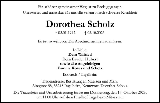 Traueranzeige von Dorothea Scholz von Allgemeine Zeitung Bingen/Ingelheim