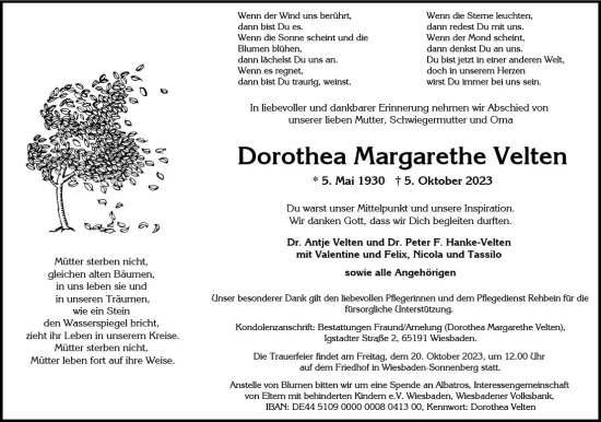 Traueranzeige von Dorothea Margarethe Velten von Wiesbadener Kurier