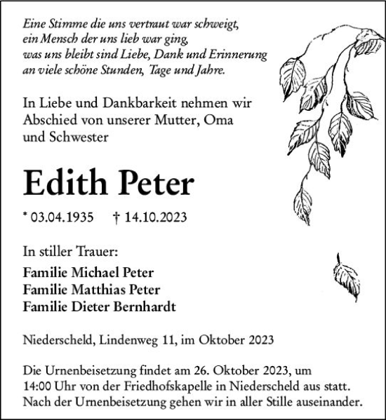 Traueranzeige von Edith Peter von Dill Block
