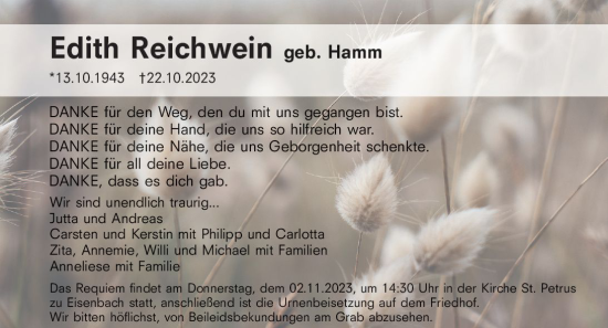 Traueranzeige von Edith Reichwein von Camberger Anzeiger