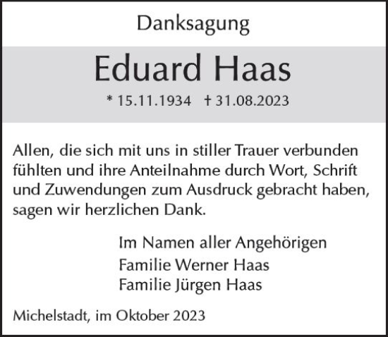 Traueranzeige von Eduard Haas von Odenwälder Echo
