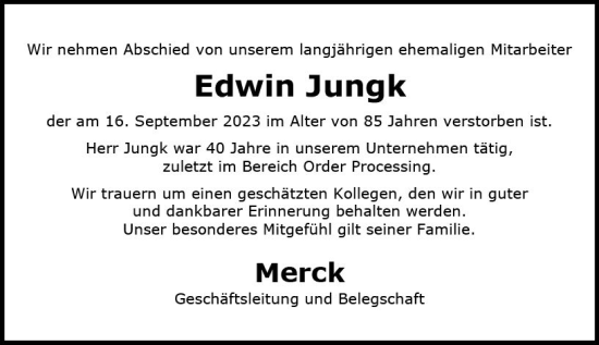 Traueranzeige von Edwin Jungk von Darmstädter Echo