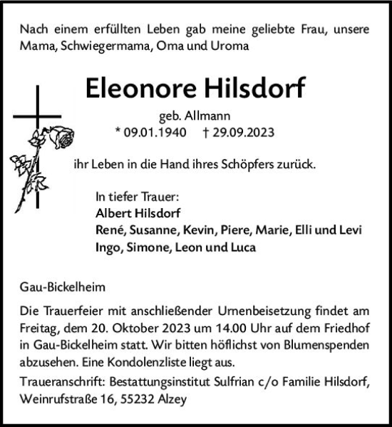 Traueranzeige von Eleonore Hilsdorf von Allgemeine Zeitung Alzey