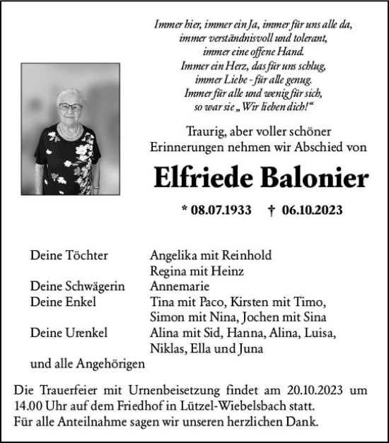Traueranzeige von Elfriede Balonier von Odenwälder Echo