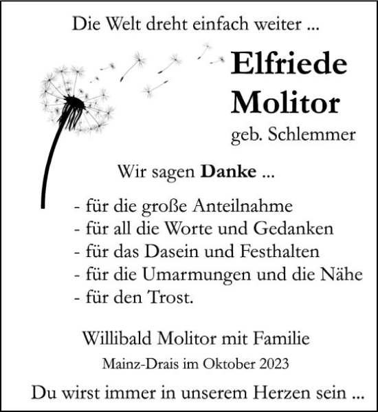 Traueranzeige von Elfriede Molitor von Allgemeine Zeitung Mainz