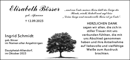 Traueranzeige von Elisabeth Bösser von Hinterländer Anzeiger