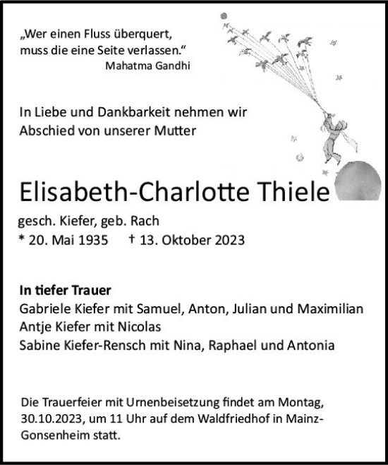 Traueranzeige von Elisabeth-Charlotte Thiele von Allgemeine Zeitung Mainz