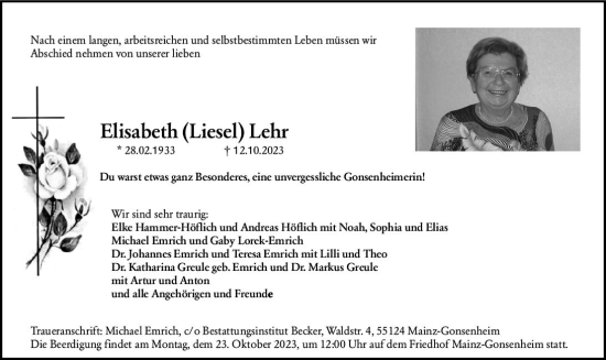 Traueranzeige von Elisabeth  Lehr von Allgemeine Zeitung Mainz