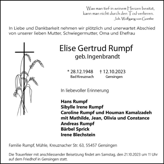 Traueranzeige von Elise Gertrud Rumpf von Allgemeine Zeitung Bingen/Ingelheim