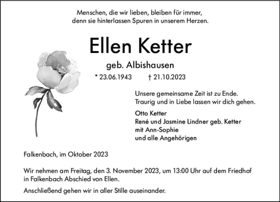 Traueranzeige von Ellen Ketter von Weilburger Tageblatt