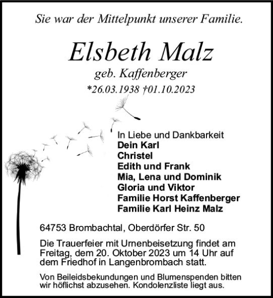 Traueranzeige von Elsbeth Malz von Odenwälder Echo