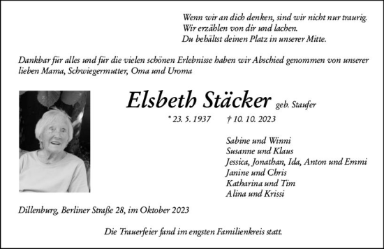 Traueranzeige von Elsbeth Stäcker von Dill Block