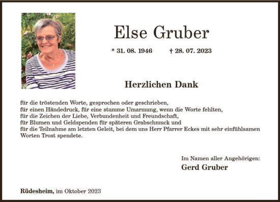 Traueranzeige von Else Gruber von Allgemeine Zeitung Bad Kreuznach
