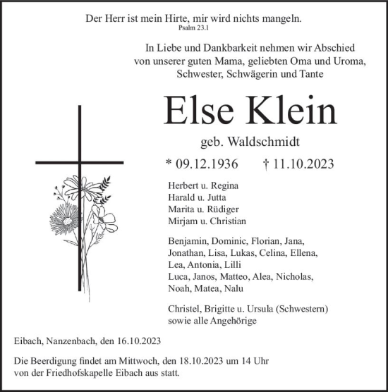 Traueranzeige von Else Klein von Dill Block