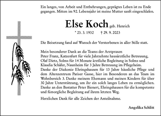 Traueranzeige von Else Koch von Wetzlarer Neue Zeitung
