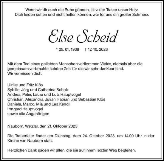 Traueranzeige von Else Scheid von Wetzlarer Neue Zeitung