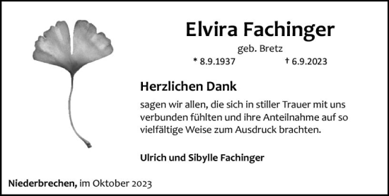 Traueranzeige von Elvira Fachinger von Camberger Anzeiger