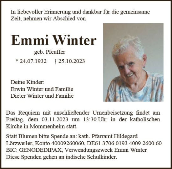 Traueranzeige von Emmi Winter von Allgemeine Zeitung Mainz