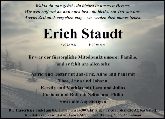 Traueranzeige von Erich Staudt von Wetzlarer Neue Zeitung