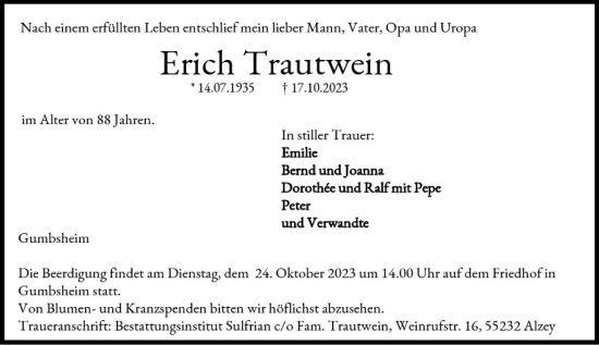 Traueranzeige von Erich Trautwein von Allgemeine Zeitung Alzey