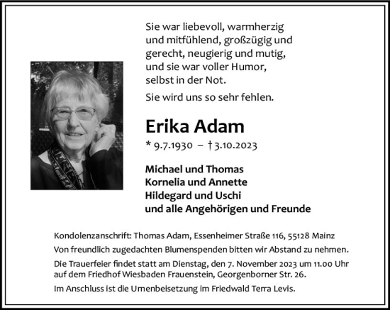 Traueranzeige von Erika Adam von Wiesbadener Kurier