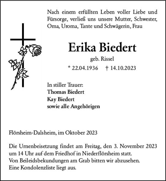 Traueranzeige von Erika Biedert von Wormser Zeitung