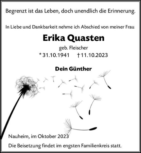 Traueranzeige von Erika Quasten von Rüsselsheimer Echo