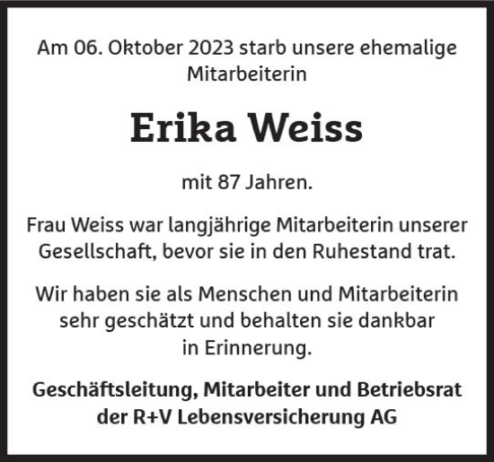 Traueranzeige von Erika Weiss von Wiesbadener Kurier