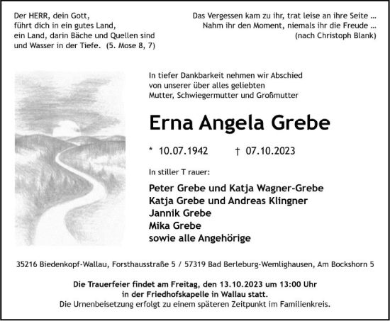Traueranzeige von Erna Angela Grebe von Hinterländer Anzeiger